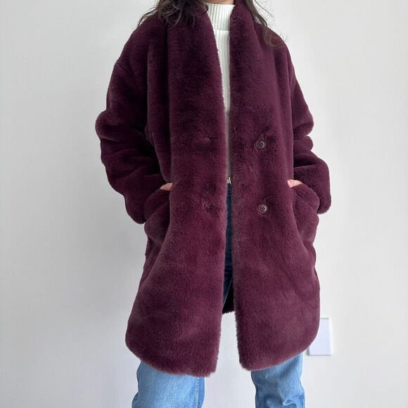 Abercrombie & Fitch Coat Womens Medium Faux Fur Shearling Teddy Burgundy Wine - Picture 1 of 11